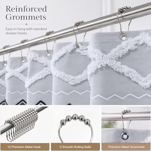Accnicc Boho Fabric Shower Curtain with Metal Hooks, 3D Tufted Striped