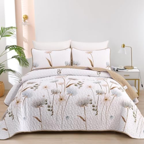 Dinjoy Queen Quilt Bedding Set Khaki Floral Bedspreads with 2