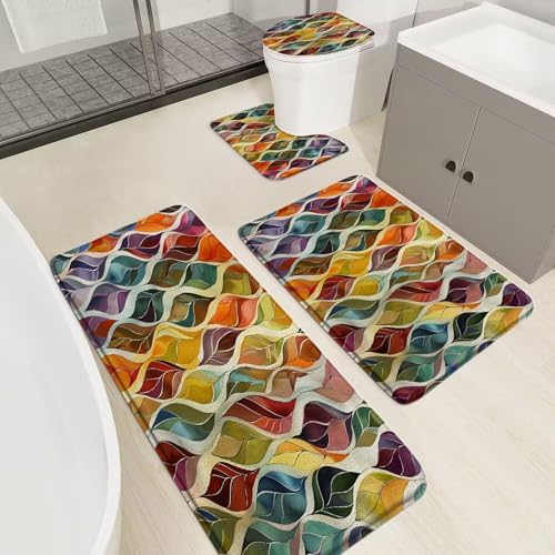 4 Pieces Bath Rugs Boho Abstract Leaves Mid Century Retro Colorful