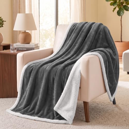 PAVILIA Sherpa Fleece Throw Blanket for Couch, Dark Grey, Plush Soft