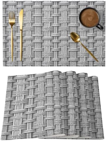 Woven Basket Placemats Set of 8, Rustic Minimalist Slate Gray Textured