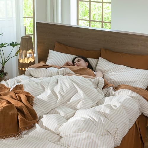 MooMee Striped Duvet Cover Set 100% Washed Cotton Linen Like Queen