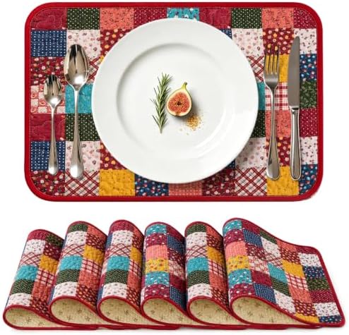 vctops Quilted Rectangular Placemats Set of 6 Washable, Heat Resistant
