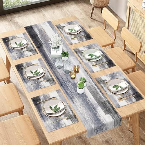 Emvency Table Runner and Placemats Set of 6, Abstract Gray Grey