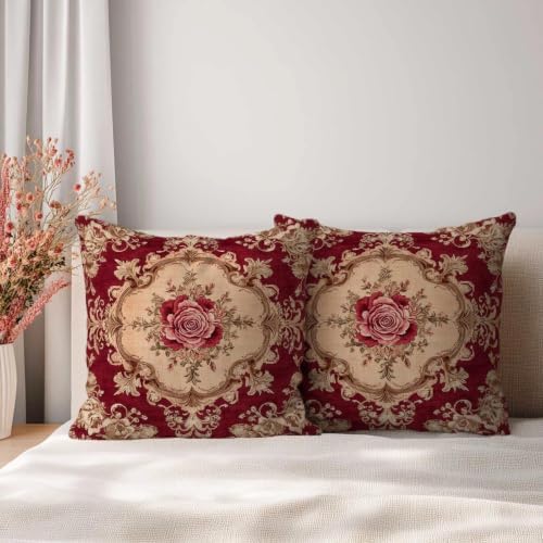 Burgundy Rose Throw Pillow Covers 18x18 Set of 2, Baroque Floral