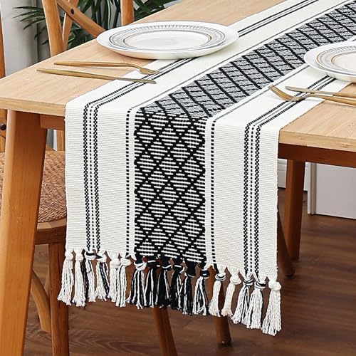 Off-White and Black Rustic Boho Table Runner with Tassels, Farmhouse