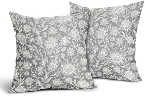 Gray Vintage Floral Pillow Covers 18x18 Inch Set of 2 Neutral Flower