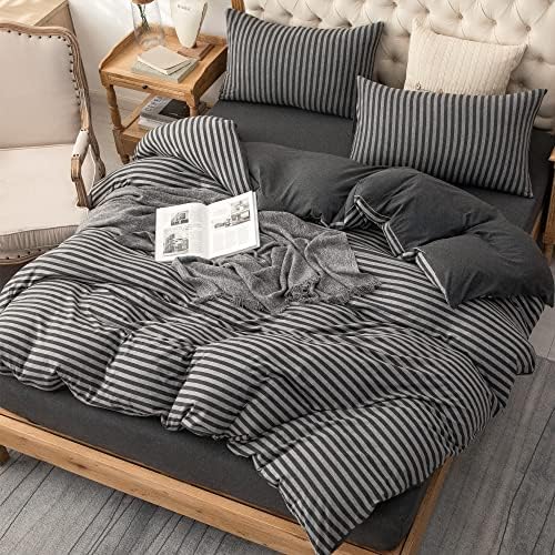 PURE ERA Jersey Duvet Cover Set Charcoal Dark Grey Stripe Queen