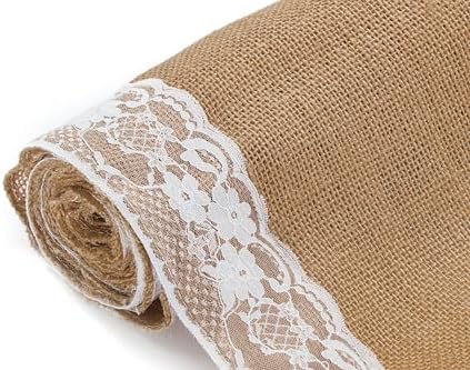 MDS 10 PCS 100% Natural Burlap Table Runners 12" x 108" with Lace