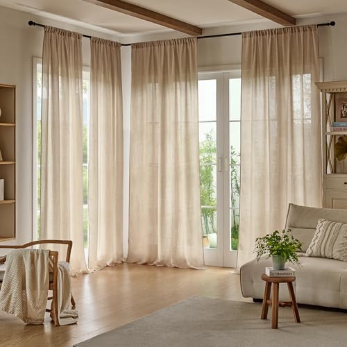 Warm Beige Sheer Linen Curtains for Living Room Bedroom 96 Inches Long
