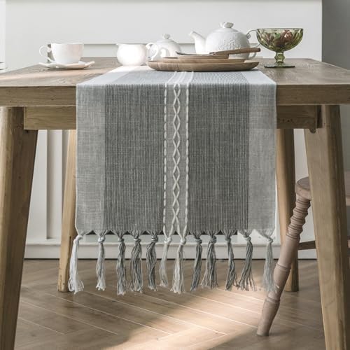 Rustic Table Runner 72 Fall Linen Macrame Woven Boho Farmhouse Grey