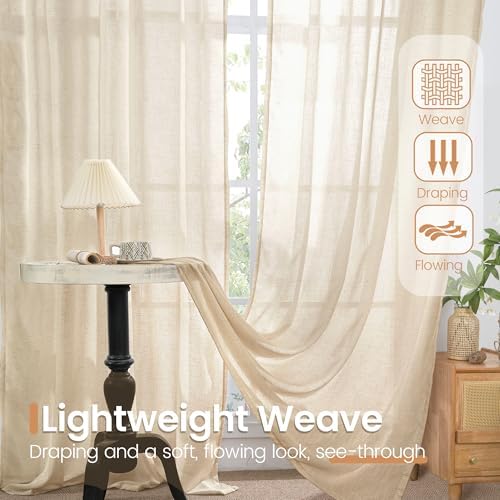 BGment Tan Linen Curtains 84 Inch Length 2 Panels Burlap Semi Sheer