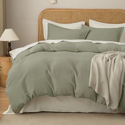 David's Home Textured Waffle Weave Duvet Cover Set, King Size, Dusty