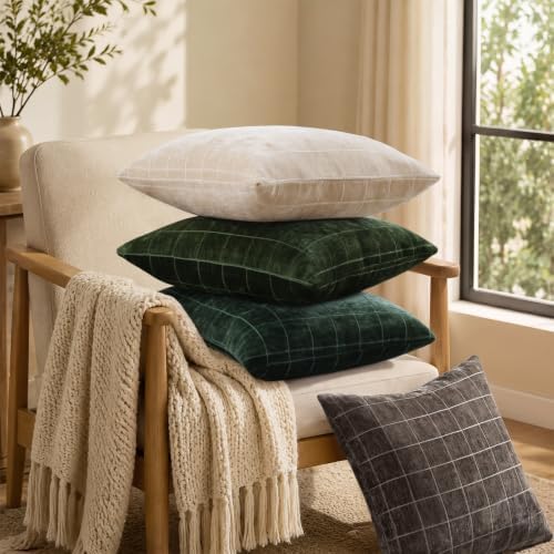 decorUhome Fall Plaid Moss Green Throw Pillow Covers 18x18 Set of 2