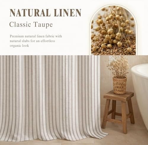 Farmhouse Striped Shower Curtain Taupe Vintage Linen Curtain 72"W X