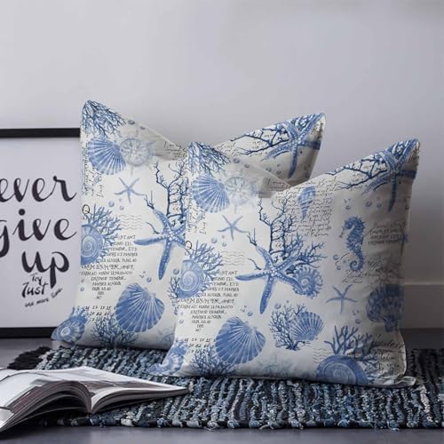 Blue Coastal Decorative Throw Pillow Cover Pack of 2, Coral Starfish