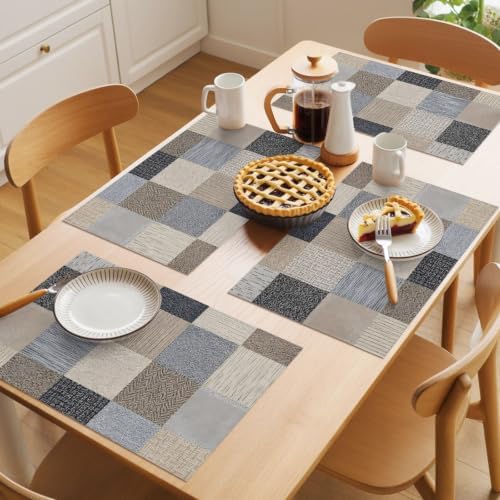 Khaki Grey Woven Placemats Set of 8, Modern Minimalist Patchwork Linen