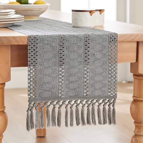 ZeeMart Macrame Style Boho Table Runner, 12x72 Inch Grey