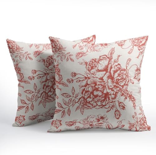Red Cream Flowers Pillow Covers 18x18 Inch 2 Packs Chinoiserie Red and
