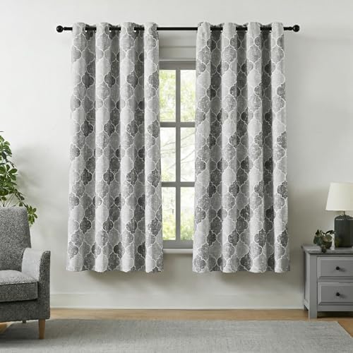 Gray Geometric 100% Blackout Window Curtains, 52" Wx63 Lx2