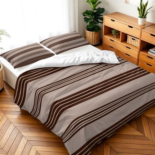 Duvet Cover King Size 3 Piece Bedding Set, Brown and Beige Stripe Soft