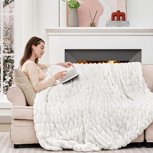 Touchat Ruched Rabbit Faux Fur Throw Blanket,Fluffy Soft Cozy,Cream