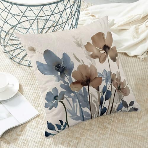 AEIOAE Blue Brown Floral Pillow Covers 20 x 20 Inch Set of 2