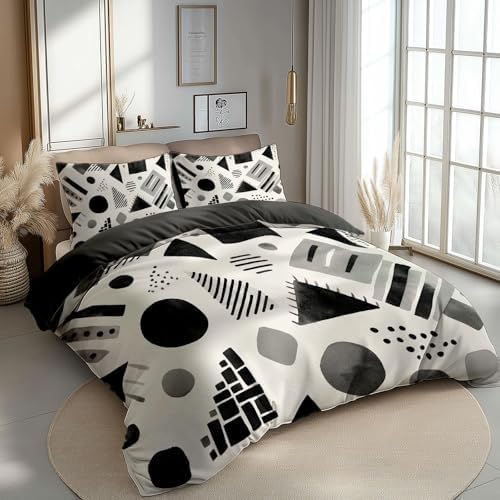 Abstract Geometric Lines Queen Duvet Cover Set, Soft Microfiber