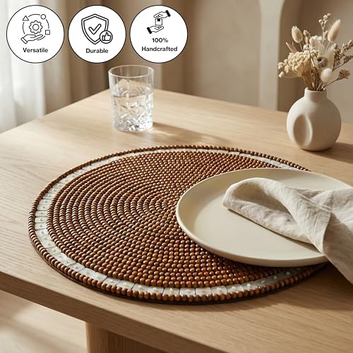 Round Woven Placemats Set of 2 13 Inch Ivory Natural Handmade Table