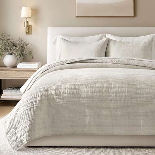 EVERGRACEHOME 100% Cotton Modern Lines Quilt Set King Size, Birch