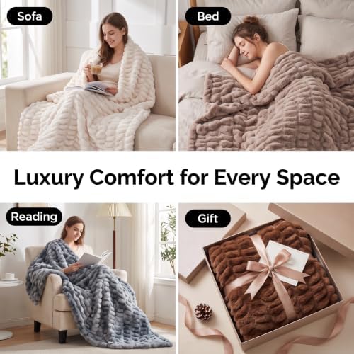 Soft Double-Sided Faux Fur Throw Blanket for Couch, Taupe, 60x80