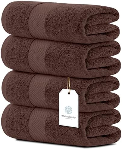 White Classic 4 Brown Bath Towels 27 x 54 and 2 Bath Sheet Towels 35 x