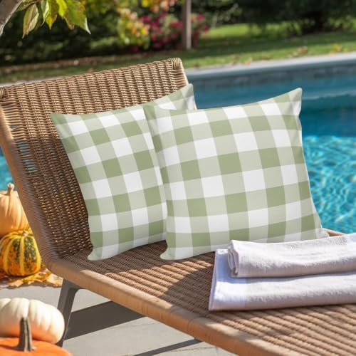 Sage Green White Plaid Waterproof Pillow Covers Set of 2,Minimalist