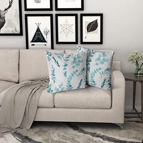 Teal Leaf Throw Pillow Coveras 20X20 Inch Spring Watercolor Eucalyptus