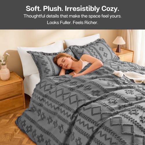 MR&HM Boho Duvet Cover Queen, Vintage Tufted Bedding, 3-Piece, Dark