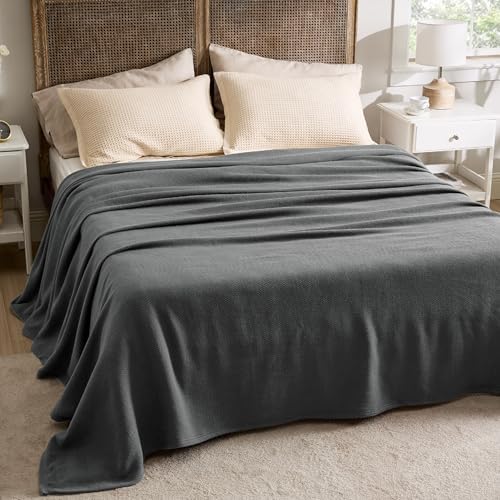 Bedsure 100% Cotton Blanket, Herringbone Weave, King, Dark Grey