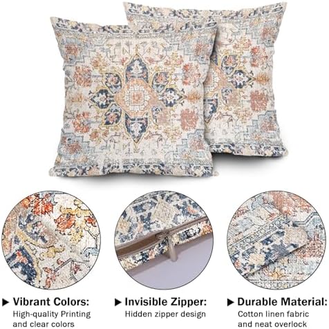 Cream Blue Orange Teal Vintage Bohemian Pillow Covers 22x22 In Mustard