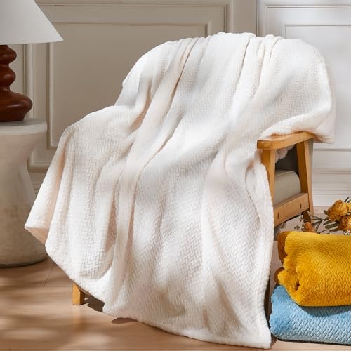 NEWCOSPLAY Fleece Leaves Pattern King Blanket, Ivory, 90"x110"