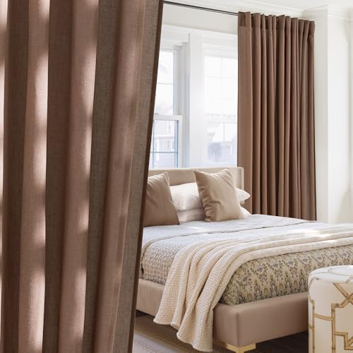 NICETOWN Gold Brown Linen Semi Sheer Curtains 96 inche Long, Rod