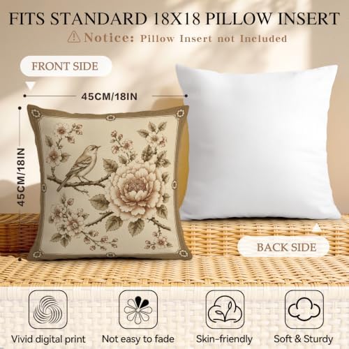 Vintage Beige Rose Bird Throw Pillow Covers Set of 2 18x18 Botanical