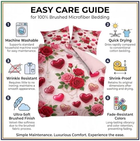 King Duvet Cover Set Soft Microfiber Valentine's Day Roses