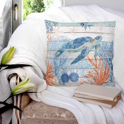 Sea Turtle Coastal Pillow Covers 24x24 Set of 2, Summer Beach Coral