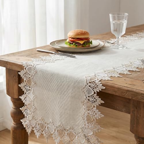 Natural Linen Table Runner, 36 inches Neutral Earth Tones Beige Lace