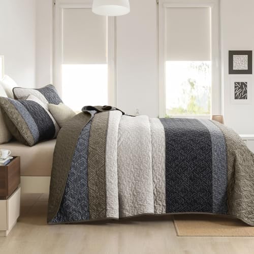 Cottolester Boho Quilt Set King,Black Taupe Striped Plaid Coverlet Set
