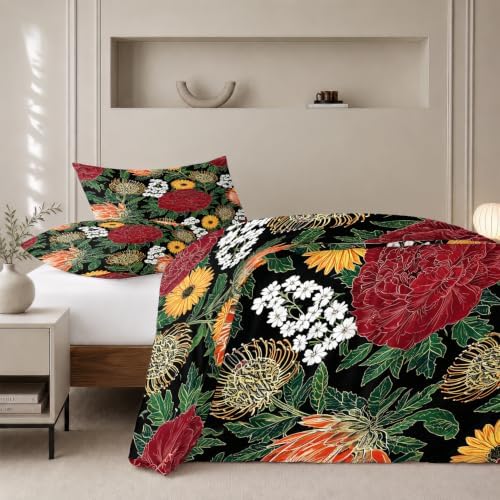 Boho Floral Duvet Cover King Size, Sage Green Leaves Botanical Bedding