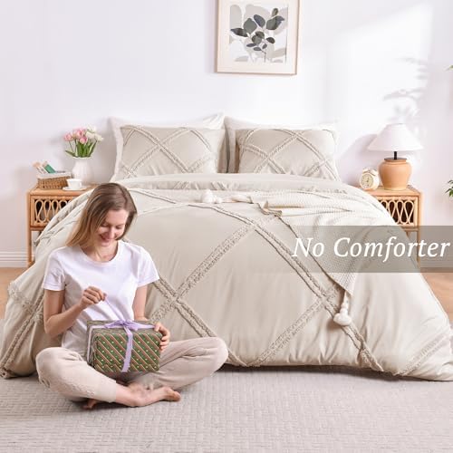 MILDLY Boho Duvet Cover Beige - Tufted Comforter Cover Set Geometric