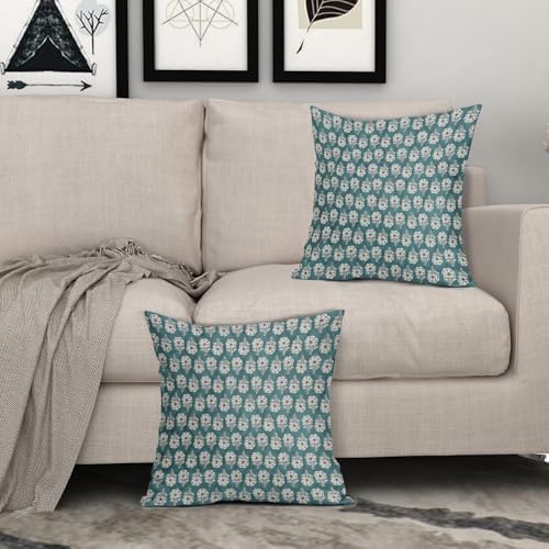 Floral Pillow Covers 22x22 Inch Set of 2 Teal Flowers Block Print