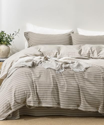 JELLYMONI 100% Washed Cotton Beige Striped Duvet Cover Set Cal King