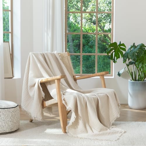 MooMee 100% Cotton Muslin Blanket Fringed 4-Layer Gauze Bed Throw