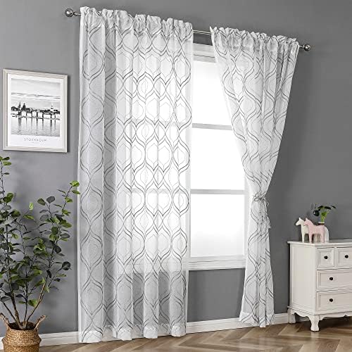 VISIONTEX White Sheer Curtains Grey Moroccan Embroidered 63 Inch